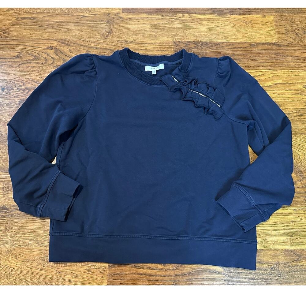 Milly Women's Ruffle Detail Cotton Pullover Sweatshirt Navy Sz Medium Polished